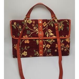 Nicole‎ Miller Collection Floral Corduroy Satchel LARGE Maroon Top Handle Bag